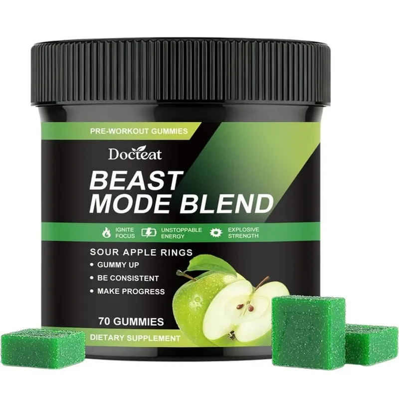 Pre-Workout-Energiegummis mit Koffein, Taurin, Rhodiola Rosea CoQ10 und B-Vitaminen, unterstützen den Trainingsfokus, Energie und Kraft, 70 Ct