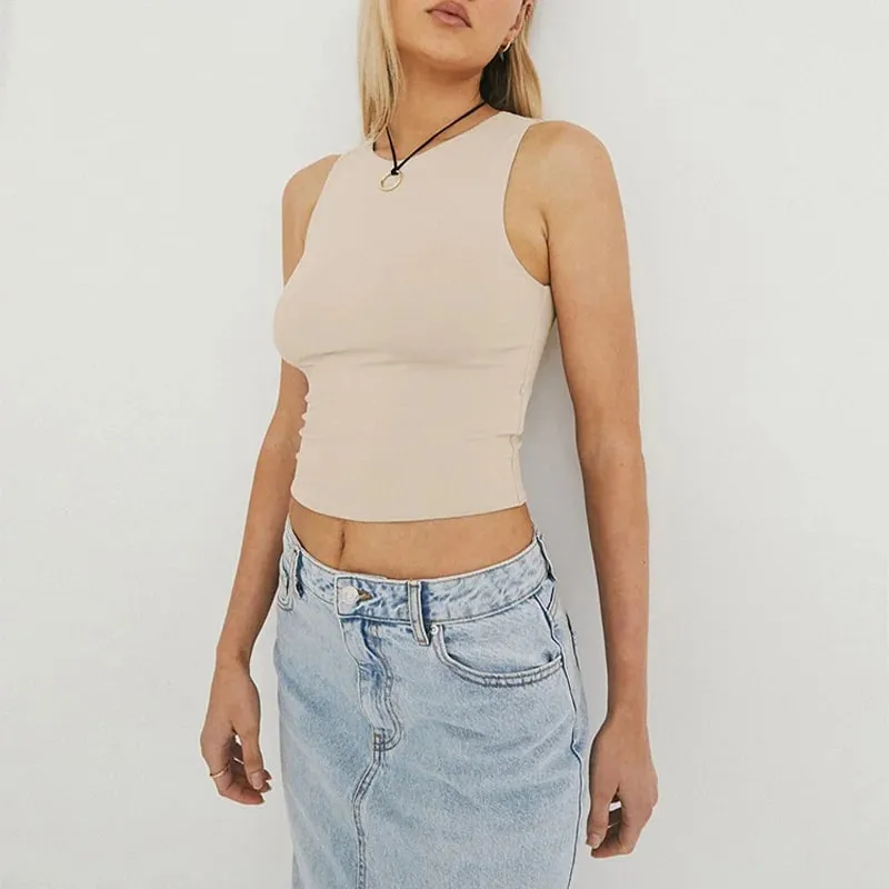 Sleeveless tight bottom shirt round neck I-shaped solid color top casual vest