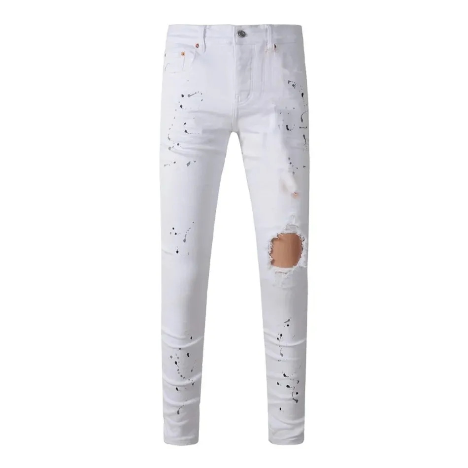 High Street Men's Jeans American Distressed Dark Black Coated Blank Stretch Skinny Button Fly Ripped Pants Trousers — image 5