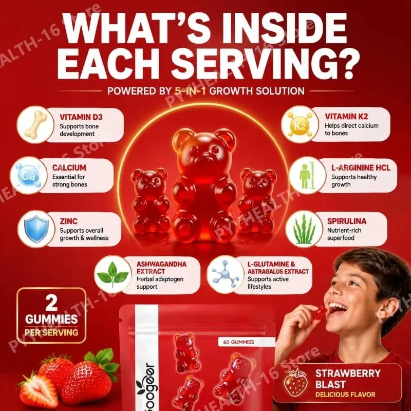 Googeer Solution de croissance 5 en 1 Gummies pour le développement osseux et le soutien de la taille Vitamine D3 K2 Calcium Strawberry Blast 60 Gummies — image 3