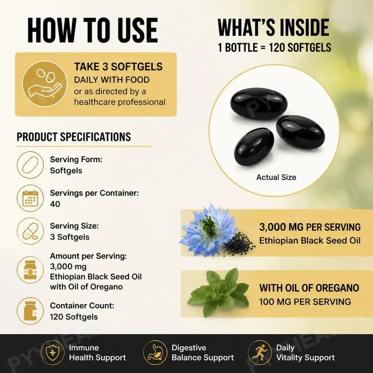 Gélules d'huile de graines noires éthiopiennes 3000 mg avec 100 mg d'extrait d'origan pour le soutien immunitaire digestif et la vitalité quotidienne 120 unités — image 5