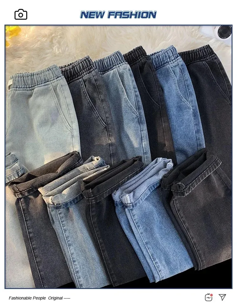 Casual Jeans Men's Baggy Straight Elastic Waist Drawstring Korea Fashion Male Vintage Denim Trousers Streetwear 3XL — image 9