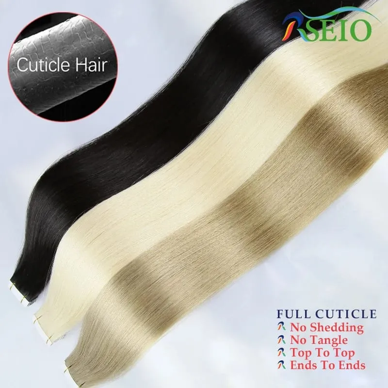 Tape in Human Hair Extensions Natural Seamless Invisible 14"-24" Real Natural Hair Remy Quality Straight Black Brown Blond — image 4