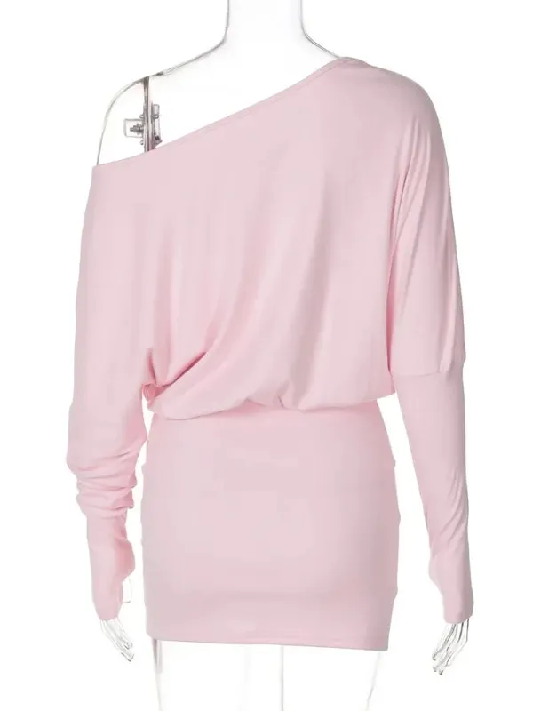 Woman Clothes Diagonal Collar Long Sleeve Package Hip Short Dress Streetwear Black Pink High Waist Tunics Slim Party Dresses — image 6