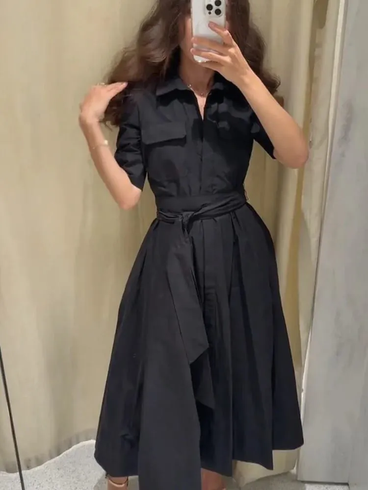 Chic Solid Short Sleeve Lapel Long Dress For Women Elegant Single Breasted Waist Maxi Dress Lady Holiday Evening Party Vestidos — image 2