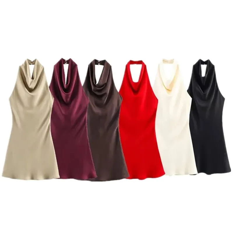 Silk Satin Texture Summer New Arrival Women's Dr Hanging Ne Collar Gown Soft A-Line Skirt High Waist Pure Color — image 5