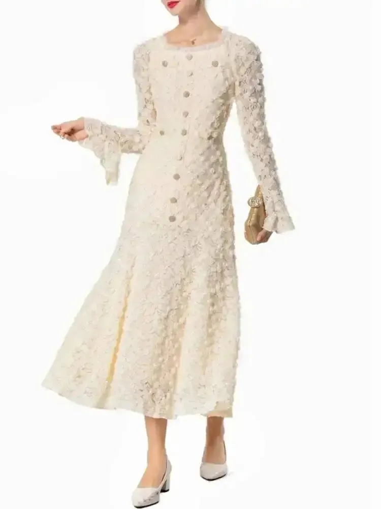 Fashion Women's Elegant Dresses Three-dimensional Floral Square Collar Long Sleeved Princess Style Dress Autumn New 1A232 — image 3