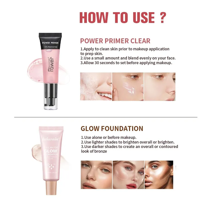 Powder Grip Primer Gel & Glow Foundation Makeup Kit Hydrating Smoothing Skin Lightweight Brighthen Shiny Fase Cosmetics Combo — image 7