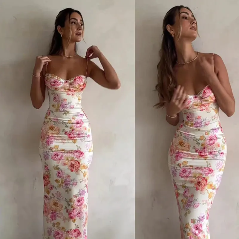 New Floral Suspender Split Slim Sleeveless Patry Beach Style Spaghetti Strap Dress Women Clothes Mini Dress 2024 Summer — image 2