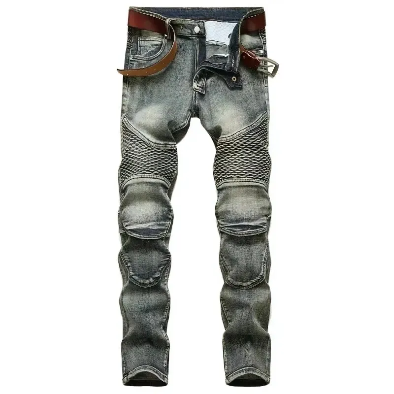Men's New Casual Motorcycle Jeans Hip Hop Street Riding Stretch Slim Fit Straight Pants Patchwork Fashion Denim Trousers Male — image 3