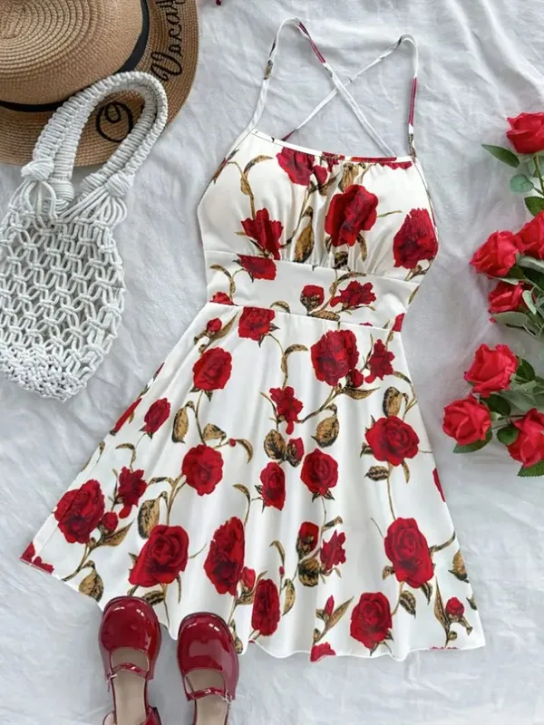 Hanging neck cross thin suspender short dress with waist cinching and big swing creating an atmosphere for women's short skirt