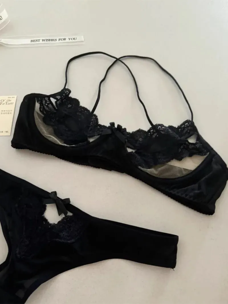 French Bra Underwear Set Hollowed Out Gather Bow Lace Half Cup Bra Women Sexy Lingerie Ultrathin Temptation Erotic Hot Outfits — image 3