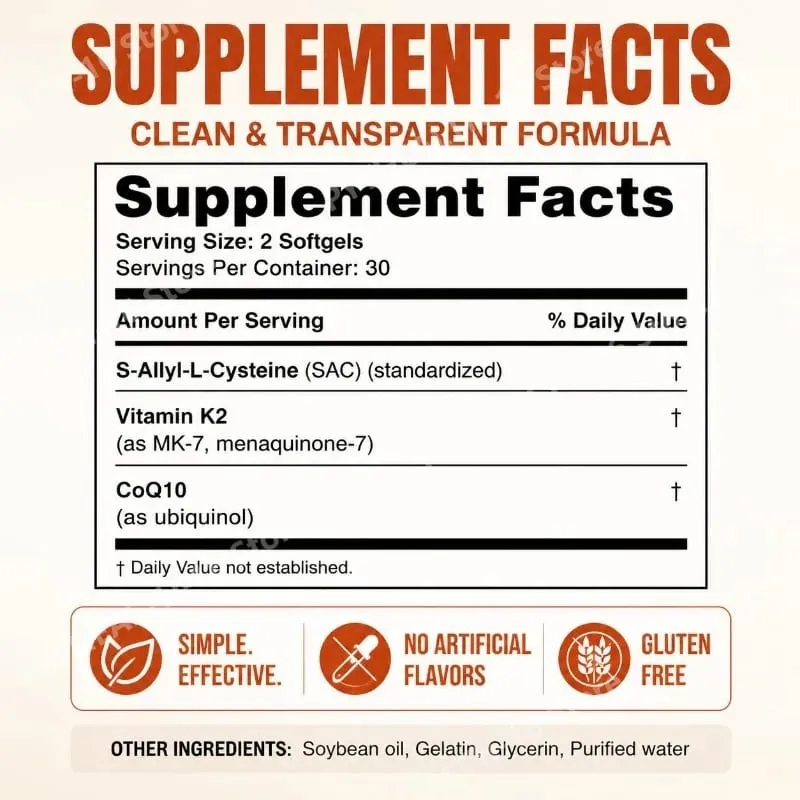 Viên nang mềm tỏi không mùi có tuổi với CoQ10 Ubiquinol & K2 Huyết áp Tim & Tuần hoàn Hỗ trợ Cholesterol 60 Viên nang mềm — image 2