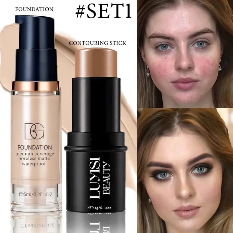 2pcs Face Makeup Set:1pc Foundation+1pc Contour Stick.Long-Lasting Waterproof Full Coverage Natural Finish Mini And Easy To Car