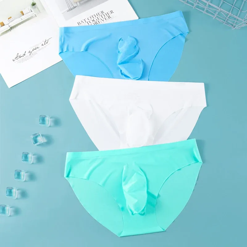 3PCS/lot Men's Ice Silk Briefs Ultra-thin Transparent Seamless Underpants 3D Pouch Sexy Quick Dry Breathable Underwear Panties — image 3