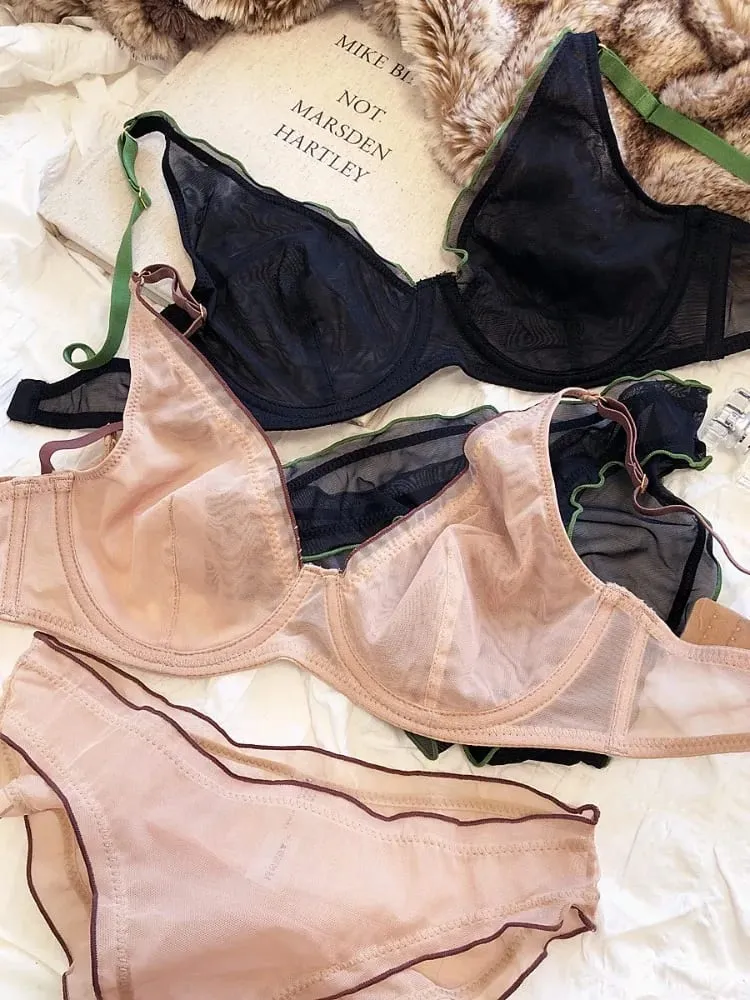 Sexy French Mesh Bra Panty Set Ultra Thin Underwire Push Up Minimizer Lingerie Support Triangle Cup for Large Chest Small Look — image 2