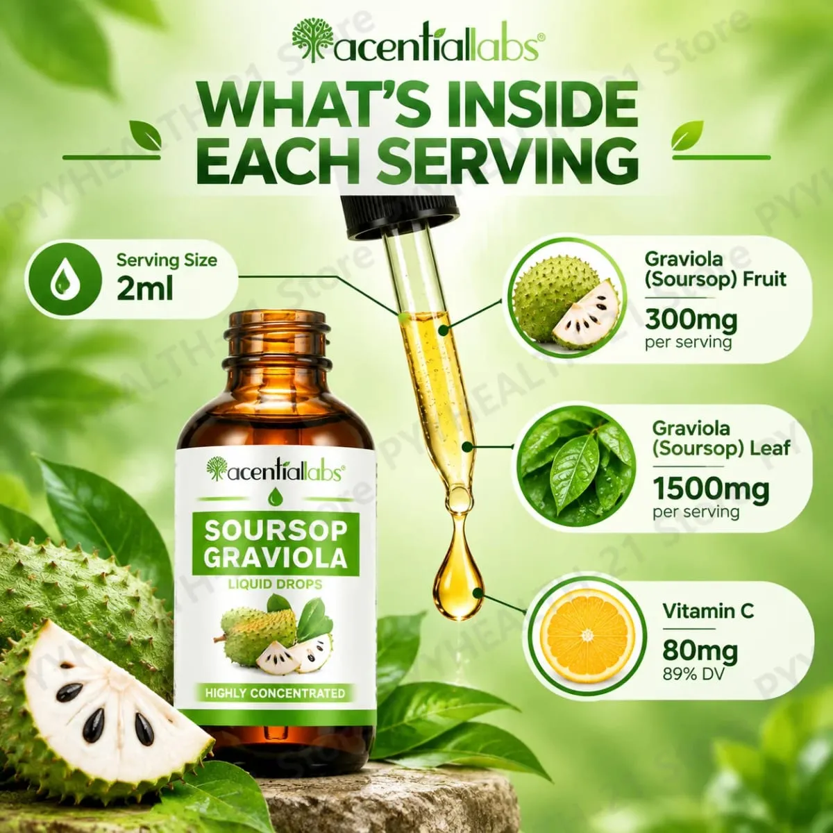 AcentiLabs Soursop Graviola Liquid Drops Vitamin C unterstützt die Verdauungsgesundheit, das Immunsystem und die Abwehr freier Radikale, 60 ml für Erwachsene — image 5