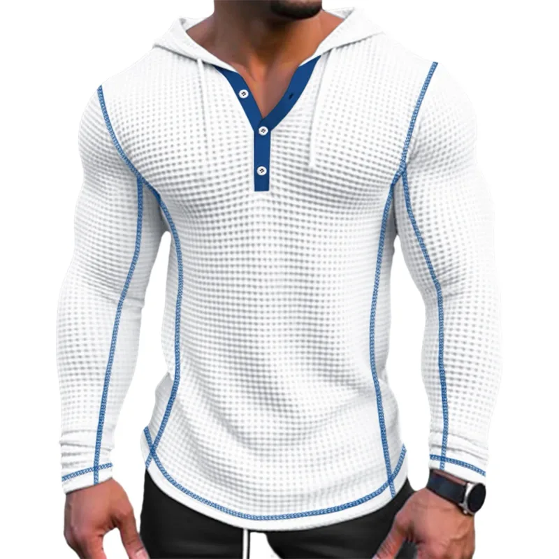 Spring Solid Color Slim Fit Long Sleeved T-shirt Men's Hooded Breathable Sports Top Waffle Cotton Casual Long Sleeved Shirt