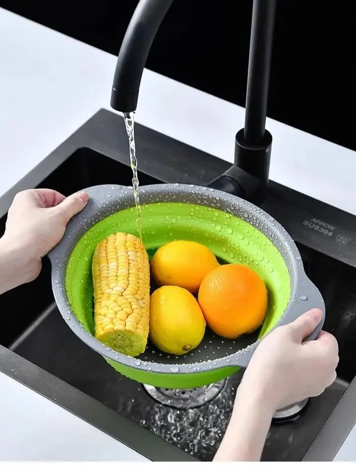 Zelené jednodílné skládací silikonové sítko - Víceúčelový cedník na těstoviny Ovoce Zelenina Cestování do kuchyně — image 4