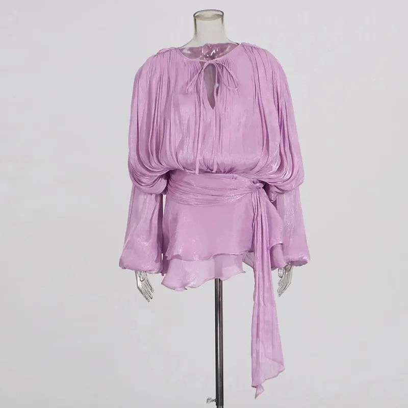 Solid Spliced Lace Up Loose Dresses For Women O Neck Long Sleeve High Waist Temperament Dress Female Fashion New — image 15