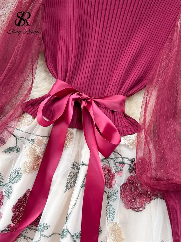 Senior Knitted Patchwork Dress Long Lantern Sleeves Bow Mesh Embroidery Floral Women Autumn France Elegant Party Dress