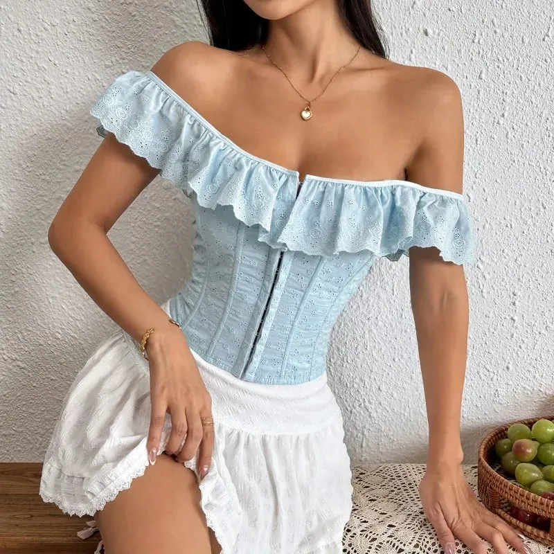 Baju Atasan Renda Tulang Ikan Ruffles Putih Wanita Leher Persegi Seksi Tanpa Belakang Tanpa Belakang Bodycon Atasan Cropped Musim Panas Pesta Memakai Rompi Tangki — image 6