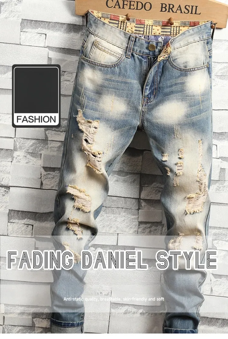 Distressed Ripped Jeans Men's Retro Blue Fashion Slim Motorcycle Trousers Male Hip-hop Street Male Hole Denim Pants — image 7