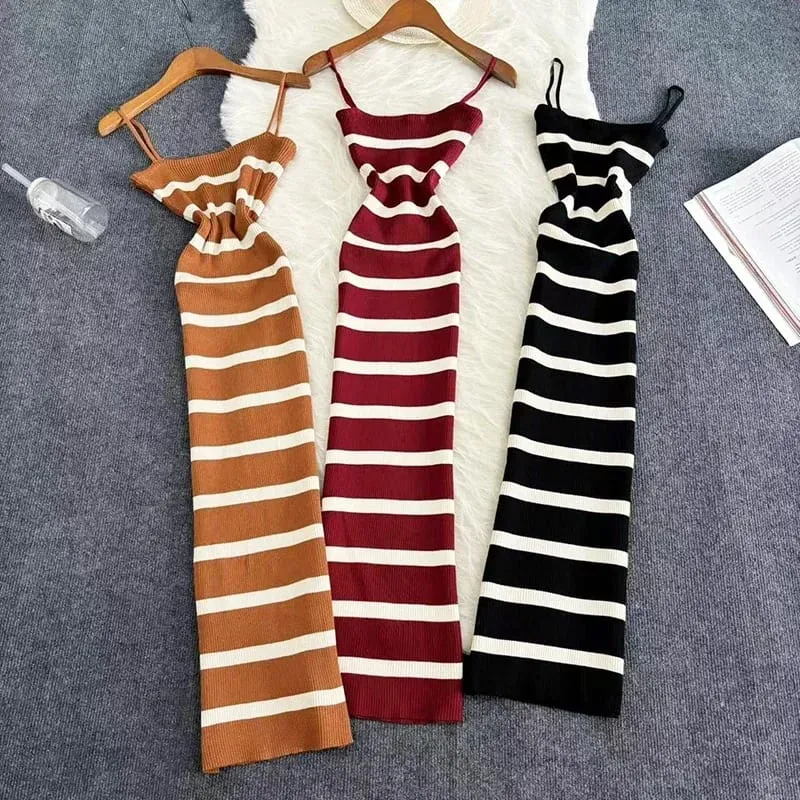 Summer Stripe Elastic Bodycon Strap Kjole 2024 Sexet Strand Solkjole Kvinder Casual Slank Blyant Vestidos Maxi Lang Kjole — image 2