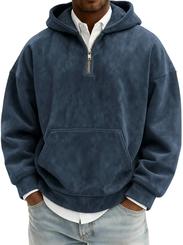 Amerika Fashion Baru Pria Warna Solid Setengah Ritsleting Lengan Panjang Kasual Trendi Harian Berkerudung Kaus Pria Hoodies Pakaian Atasan — image 8