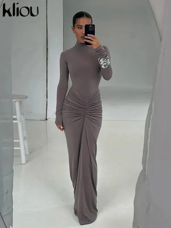 kliou Shirring Women Classic Maxi Dress Autumn New Solid Long Sleeve High Collar Body-shaping Vestidos Mujer Concise Trend Robe — image 3