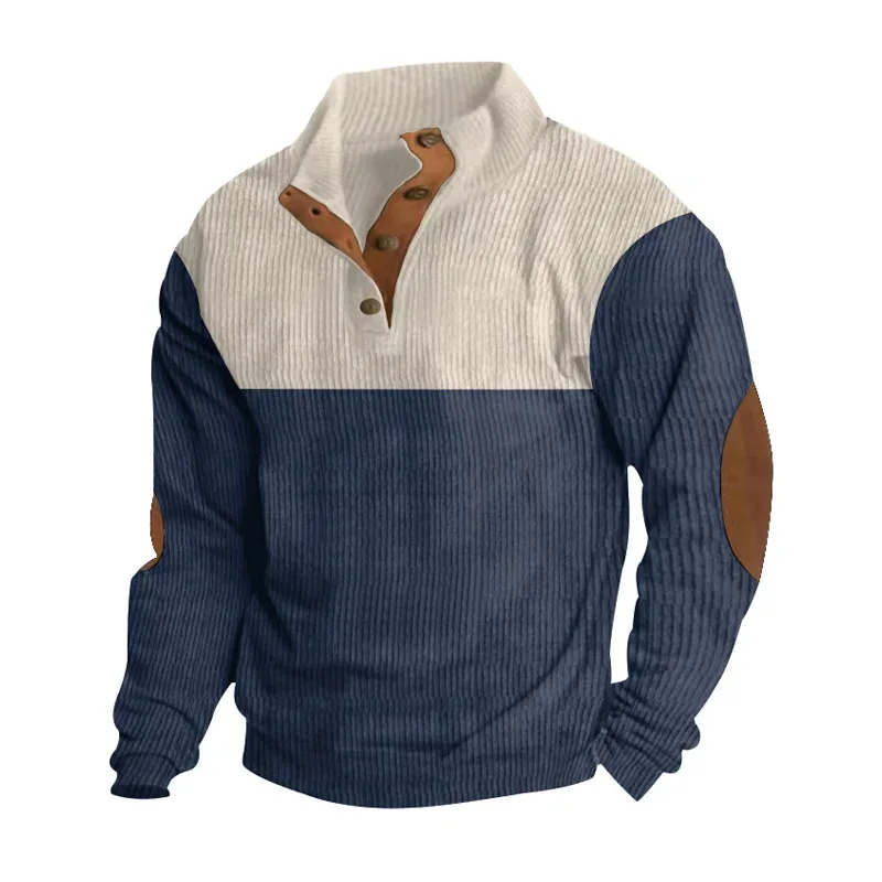 Men's Hoodies Spring And Autumn Corduroy Casual Patchwork Stand Collar Button Sports Hoodie Man Clothing — image 3