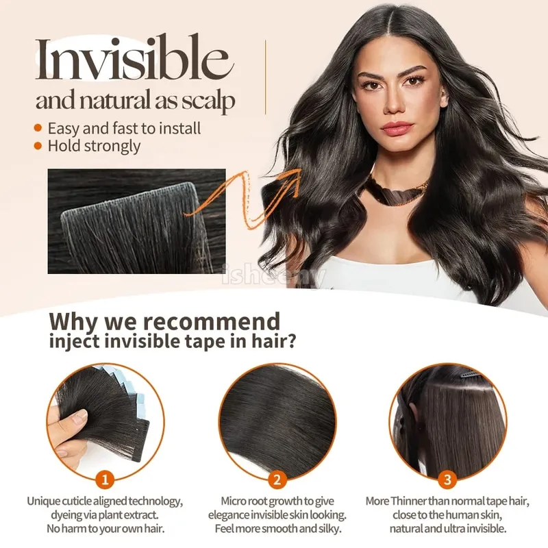 Isheeny 12" 16" 20" PU Skin Weft Tape Hair Extensions 10pcs Invisible Tape In Hair Extensions Straight Machine Remy Human Hair