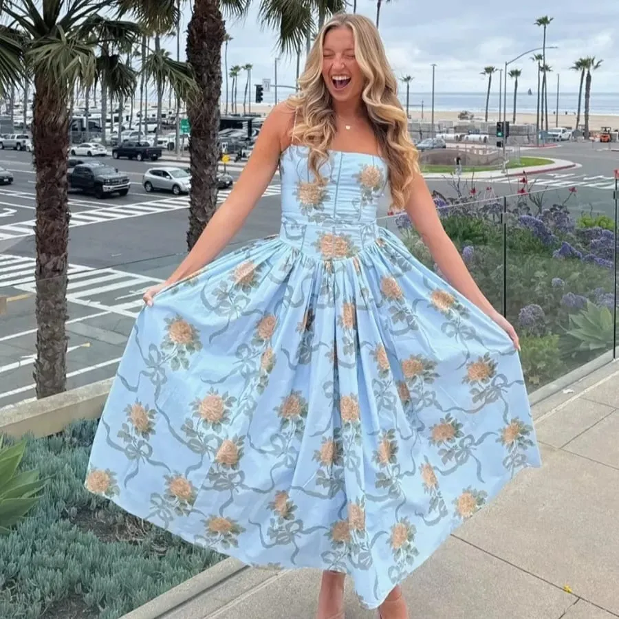 Oligai Floral Print Midi Sundress Elegant Spaghetti Strap Flowy Dress Aussie Summer Women Boho Chic Beach Dress — image 2
