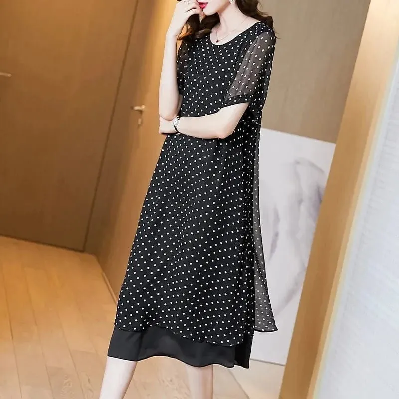 Summer Short Sleeves Covering Belly High End Chiffon Dress 2026 New Large Size Loose Dot French Style Long Dress Women Vestidos