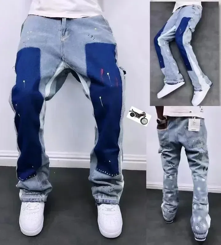 Distressed Bell-bottom Jeans Color Block Construction Details Street Style Trendy Unique Niche Pants Men's Fashion — image 4
