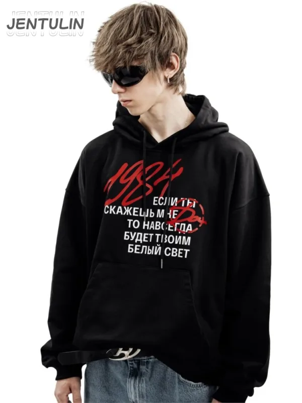 Harajuku Streetwear Pullovers Men's Hoodies 1984 Graphic Letter Print Hooded Loose Sweatshirts Hip Hop Aesthetic Tops Gothic Y2k — image 6
