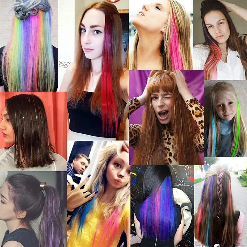 12pcs Colorful Bright Pink Hair Extensions Clip in Colored Party Highlights Extension Synthetic Hairpieces Straight for Women — image 7