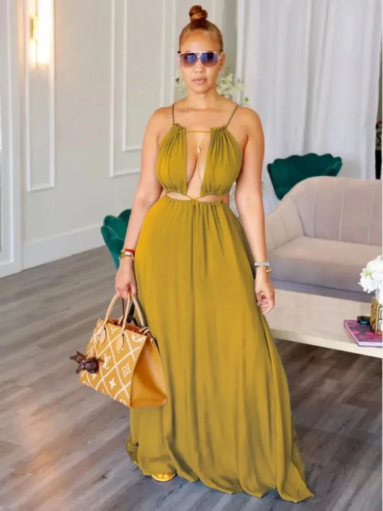 2025 Women's Dress Summer Holiday Solid Long Dresses Sexy Drawstring Lace Up Sleeveless Vestidos Para Mujer Club Party Outfits — image 2