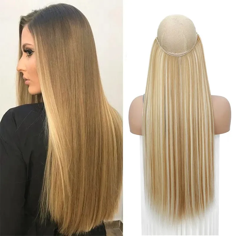 24Inch Synthetic No Clips In Hair Extension Fish Line Invisible Black Blonde One Piece Long Straight Fake Hair Piece for Women