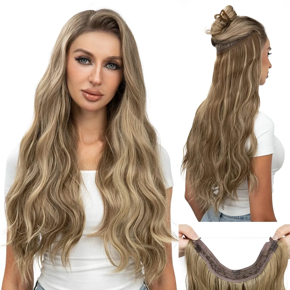 Synthetic Wave Invisible Clip in Hair Extensions Fish Line Ombre One Piece Natural Hairpiece Fake Blonde Hair Piece — image 13