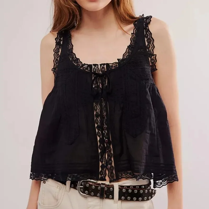 Y2K Button-up Lace Trim Patchwork Cami Tops Loose Fit Round Neck Vest Sleeveless Outwear Gilet Crop Tank Tops for Women