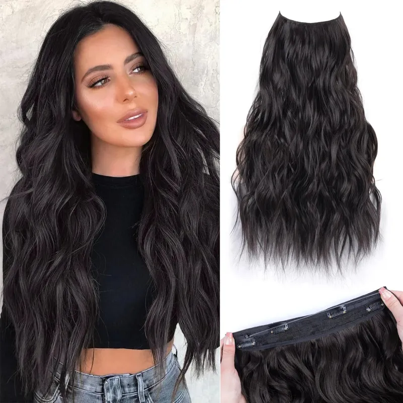 Synthetic 4 Clips Invisible Wire Hair Extensions Long Wavy Natural Fish Line One Piece False Hairpiece Hair Extension For Women
