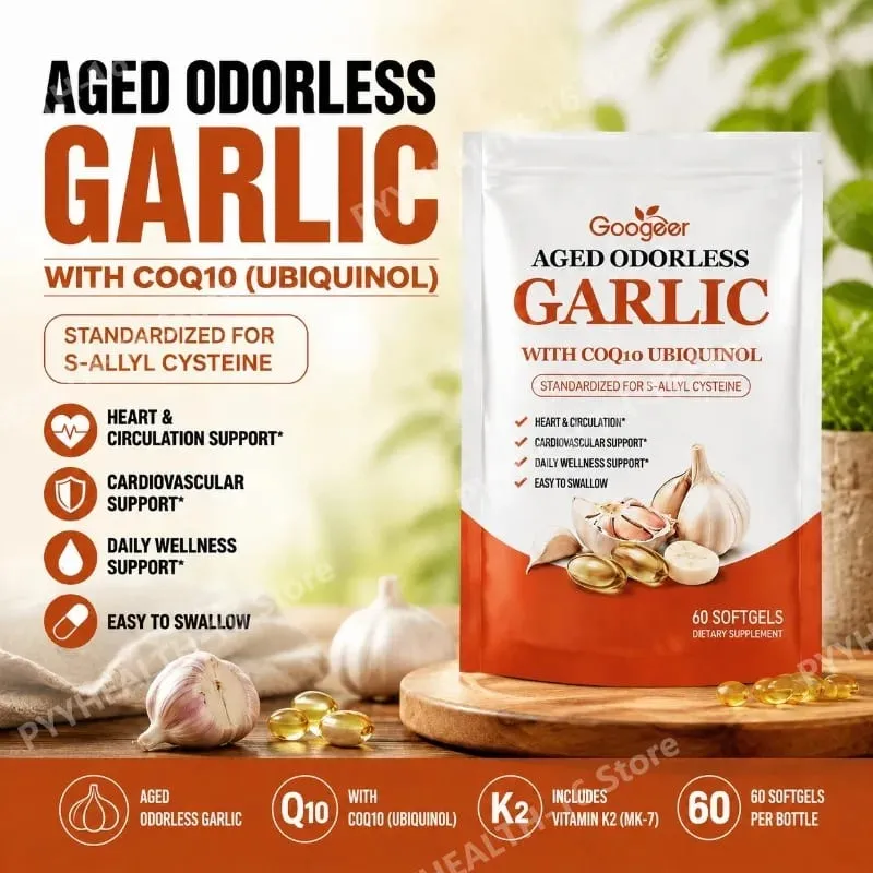 Viên nang mềm tỏi không mùi có tuổi với CoQ10 Ubiquinol & K2 Huyết áp Tim & Tuần hoàn Hỗ trợ Cholesterol 60 Viên nang mềm — image 1
