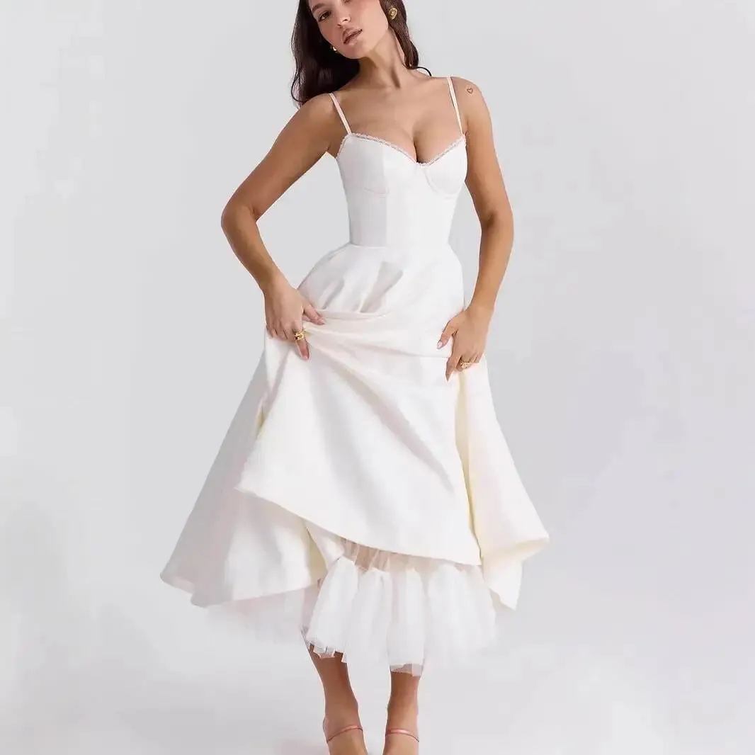 2026 봄/여름 하이 엔드 새틴 Strapless 중공업 프랑스어 허리 스트랩 섹시한 뜨거운 여자 중간 롱 드레스 여성 우아한 — image 5
