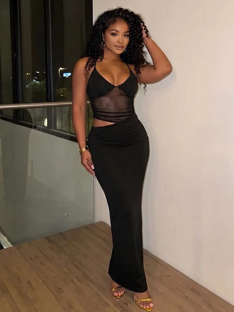 Nibber Mesh Patchwork Dress Women Sexy Backless Hollow Sleeveless 2025 Summer Trend Skinny Stretch Elegant Clubwear Maxi Bodycon — image 4