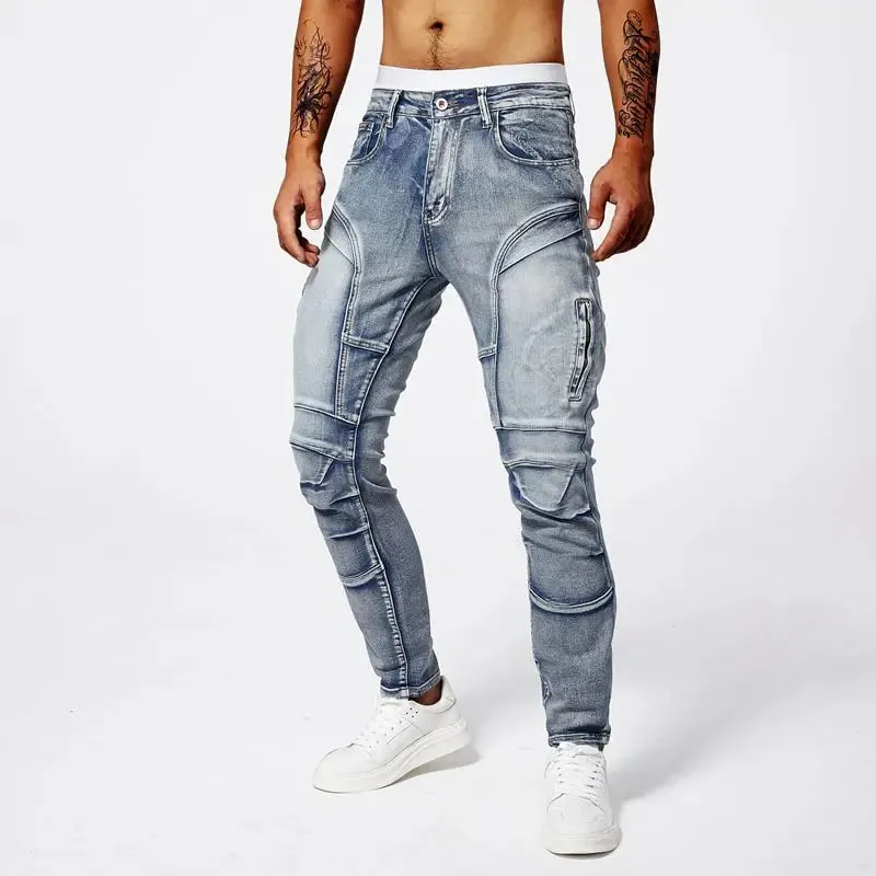 Two tone distressed patchwork jeans for men trendy jeans for summer thin straight leg pants slim fit small leg distressed jeans