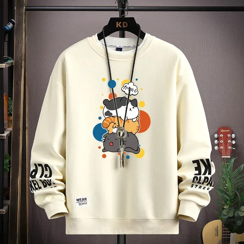 Spring Men's Sweatshirt Japan Cartoon Cats Printed Long Sleeve T-shirt Fashion Men's Clothing Khaki O Neck Harajuku Top 2024 New — image 4