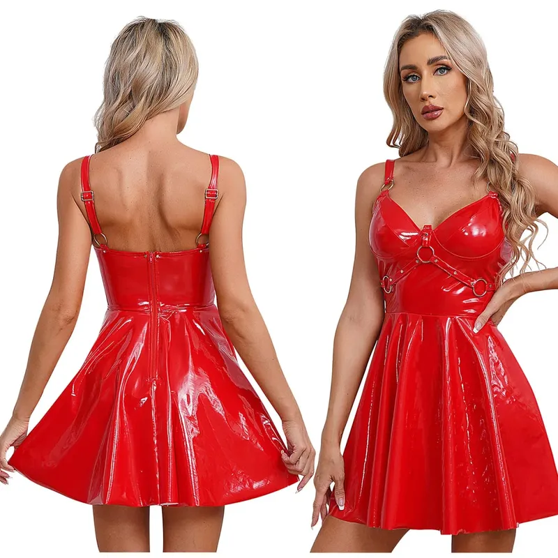 Womens Patent Leather Slip Latex Dress A-line Back Zipper Skater Mini Dress with O-Ring Rivets Wet Look Gothic Punk Clubwear