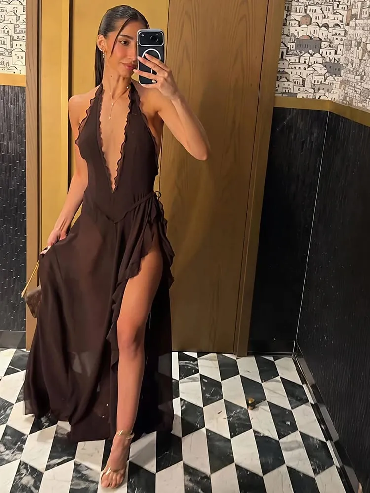 Mozision licou col en V profond dos nu Sexy robe Maxi femmes élégant épaules dénudées sans manches haute fente Club fête longue robe — image 2
