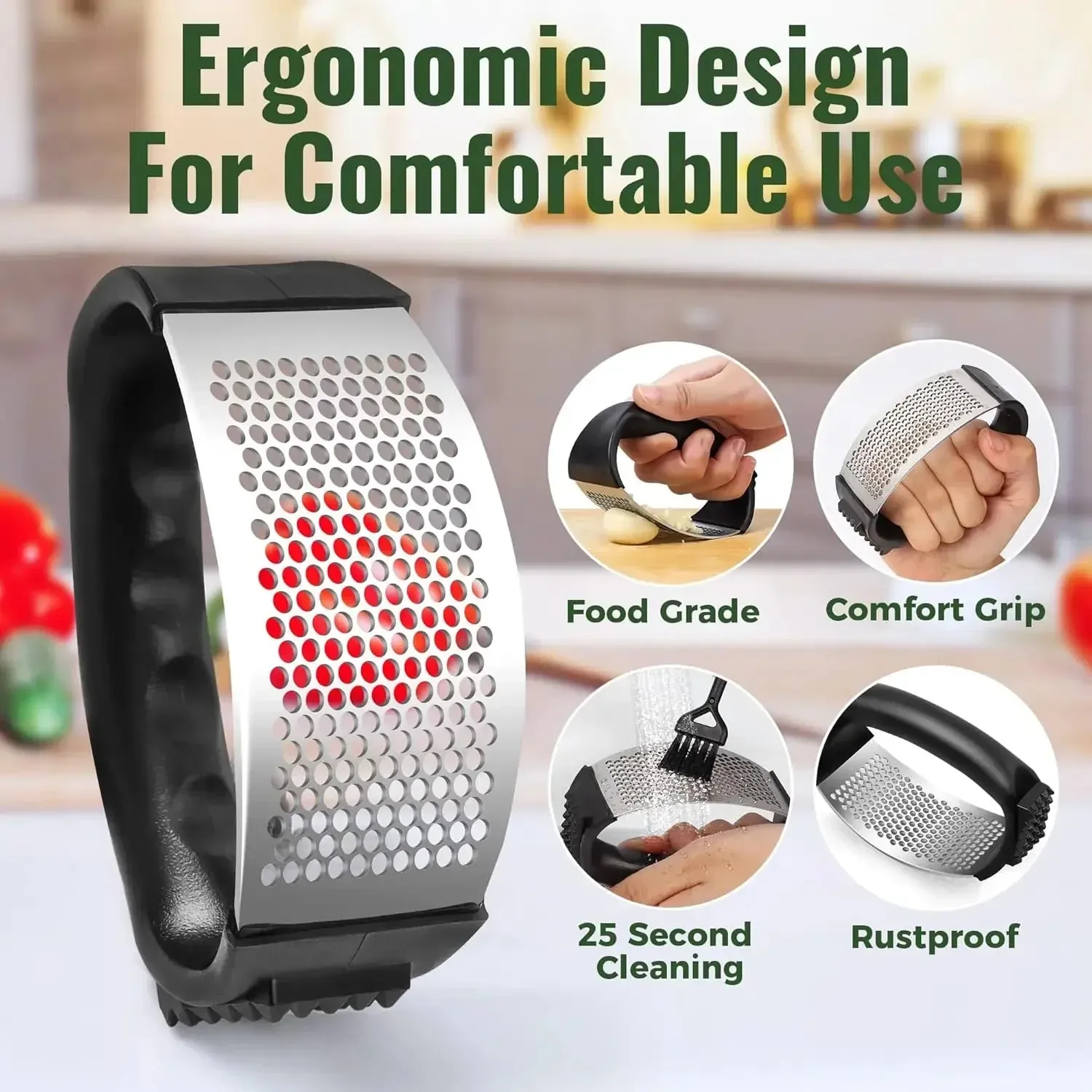 Stainless Steel Garlic Press Rocker Garlic Mincer Garlic Crusher Easy-Squeeze Tool with Peeler and Cleaning Brush for Smashing — image 4